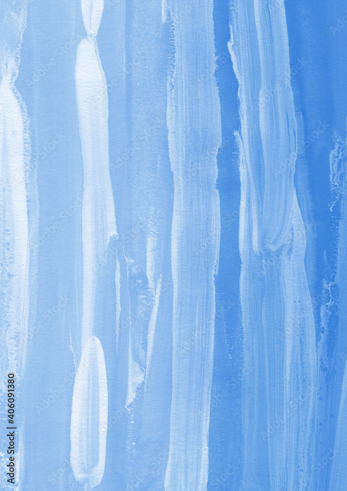 Blue ink and watercolor texture on white paper background. Gradient paint strokes and decalcomania effect. Hand-painted gouache abstract image. Mess on the canvas.