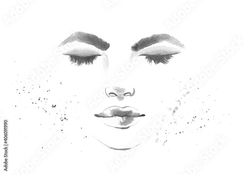 Woman watercolor face portrait. Hand drawn painted female art. Vector illustration.