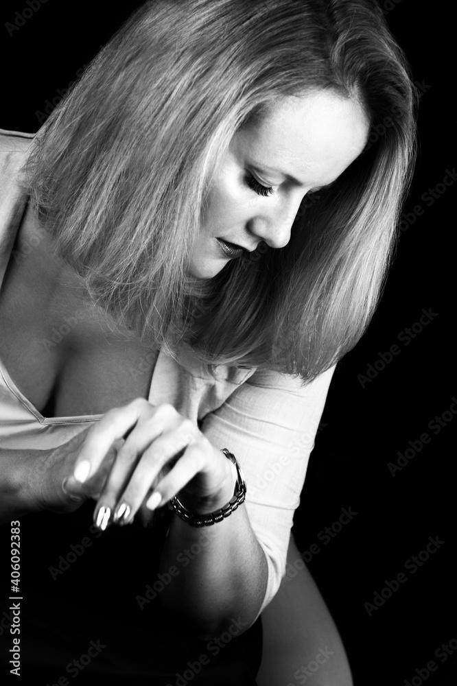 Black and white portrait of woman in studio Black and white portrait of woman in studio