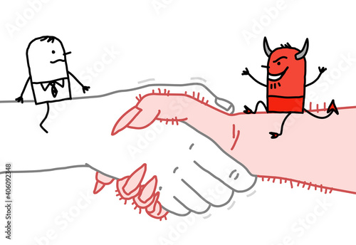 Фотография Cartoon Businessman and Devil sitting on a big Handshake