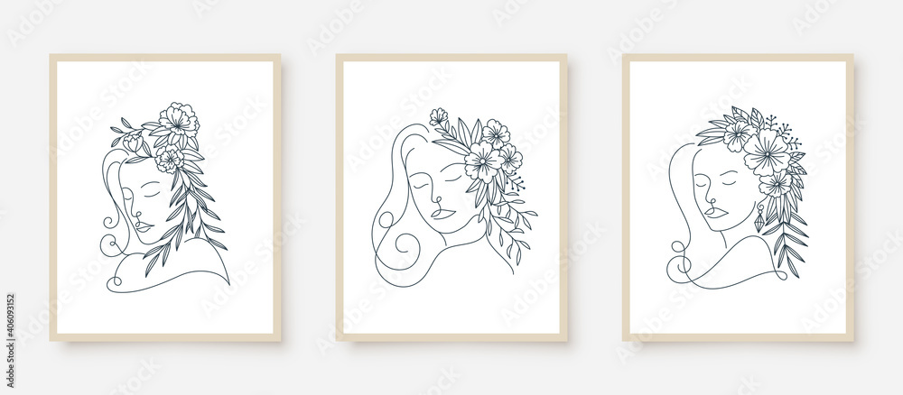 set of woman portraits line art floral frame