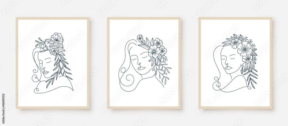 set of woman portraits line art floral frame set of woman portraits line art floral frame
