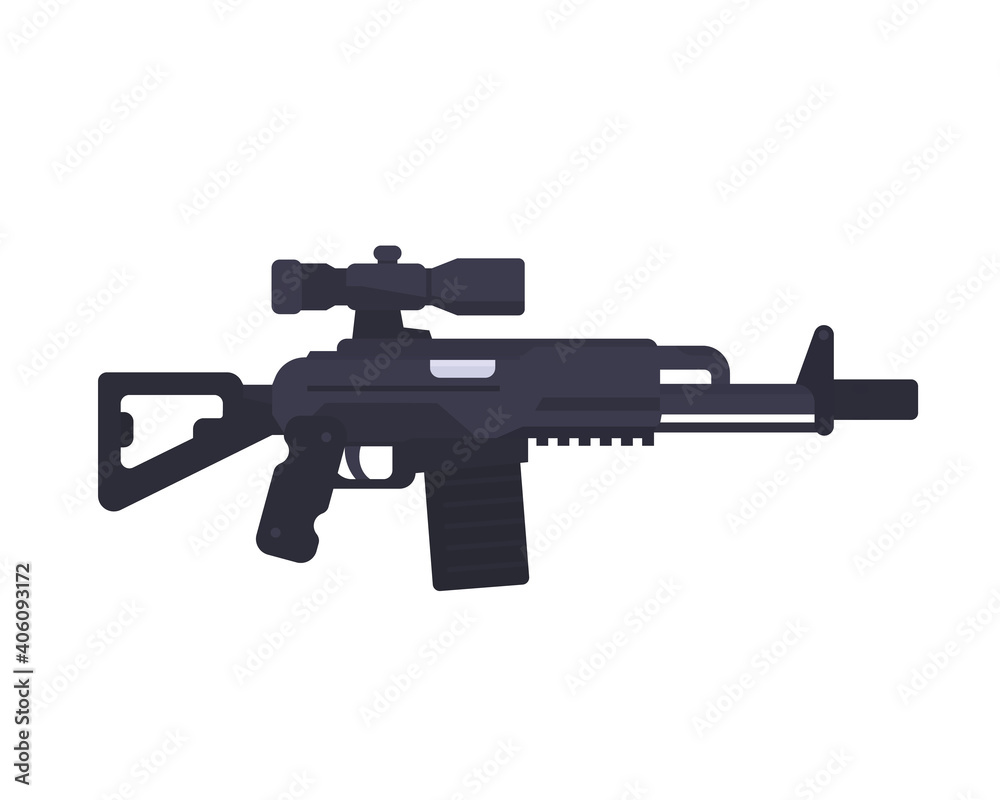 assault rifle, gun, firearm with optical sight in flat style
