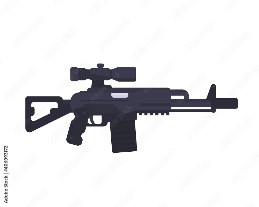 assault rifle, gun, firearm with optical sight in flat style assault rifle, gun, firearm with optical sight in flat style