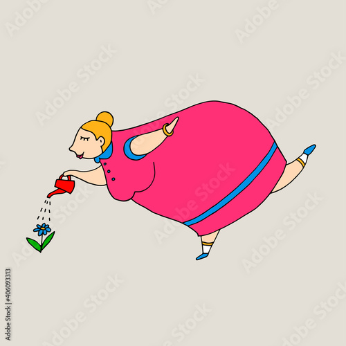 Big woman waters a flower from a watering can. Vector hand-drawn doodle illustration. Gardener. Body positive. Excess weight.
