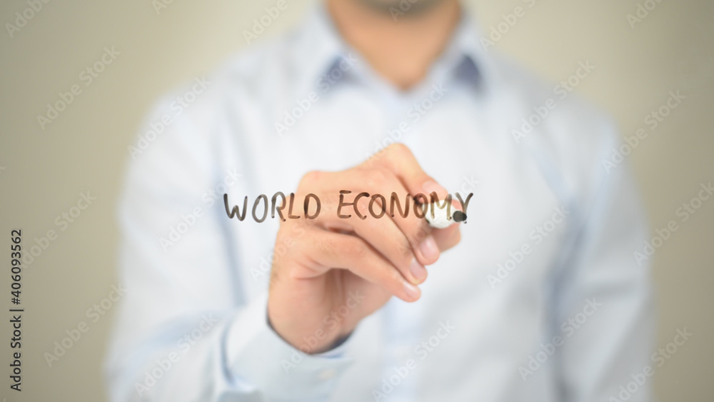 World Economy, man writing on transparent screen