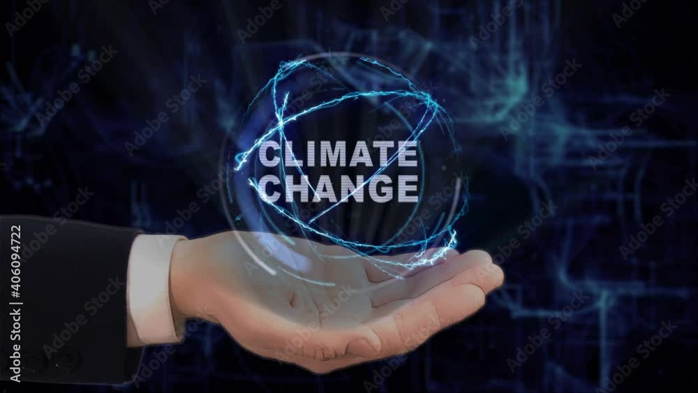 Painted hand shows concept text Climate Change hologram on his hand. Drawn man in business suit with future technology screen and modern cosmic background