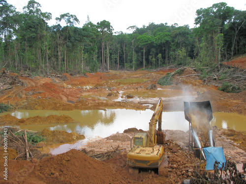 Rainforest destruction. Gold mining place in Guyana, South America. Brazil, Venezuela, Suriname, French Guyana, Peru, Colombia, Amazon and Essequibo basin deforestation.