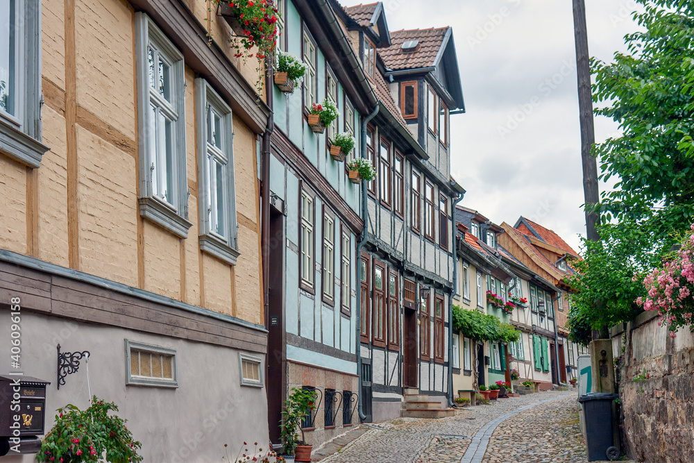 Medieval road and cityscape of German Quedlinburg Medieval road and cityscape of German Quedlinburg