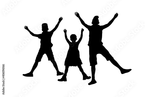 two boys and a girl jumped with their arms outstretched. black silhouettes of people isolated on white background photo