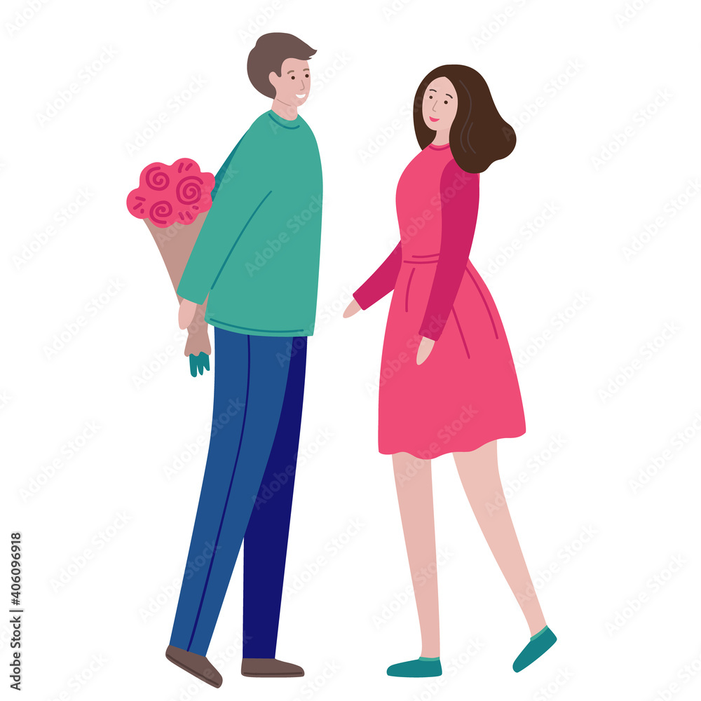 Man gives flowers to woman. Young man giving to woman bouquet of flowers for Valentine's day. Happy romantic couple in love. Vector flat cartoon illustration isolated on a white background. Man gives flowers to woman. Young man giving to woman bouquet of flowers for Valentine's day. Happy romantic couple in love. Vector flat cartoon illustration isolated on a white background.