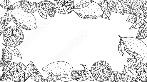 Frame of lemon fruit hand drawn in black with white colors. Place for text. Vector illustration.