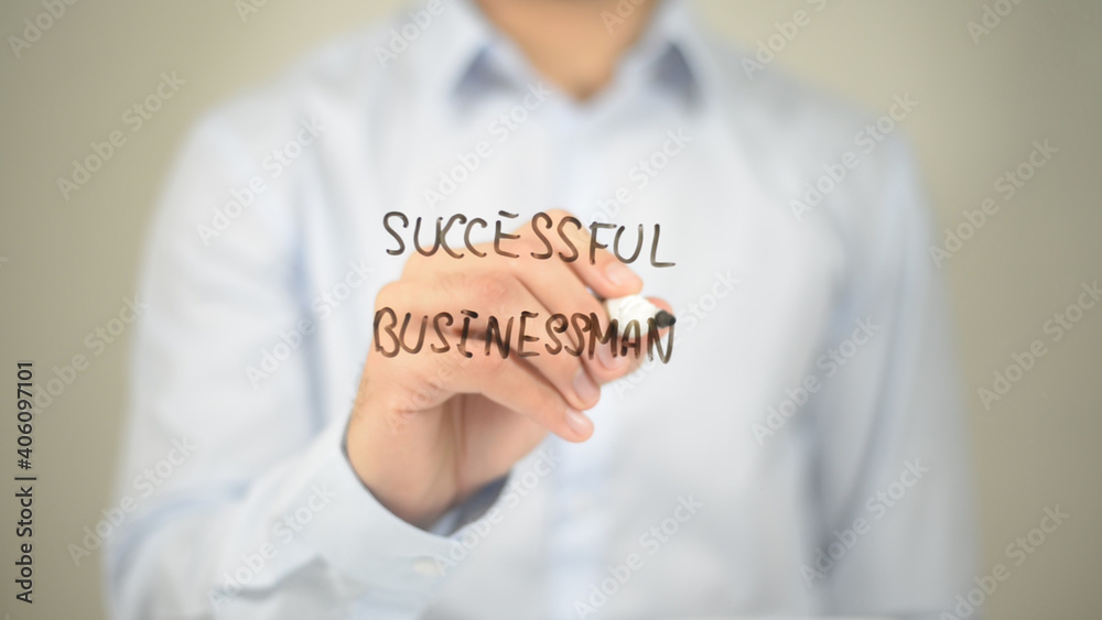 Successful Businessman, Man Writing on Transparent Screen Successful Businessman, Man Writing on Transparent Screen