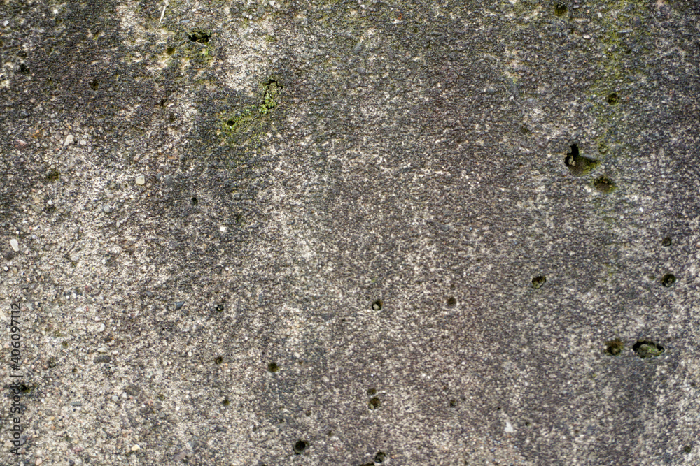Concrete wall, sand plaster. Scratched and cracked concrete weathered with moss, stone wall - obrazy, fototapety, plakaty 