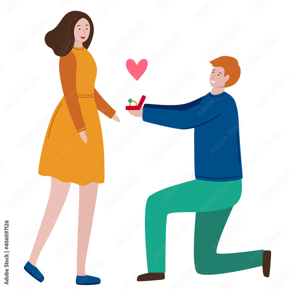 A man with engagement ring standing on one knee makes a proposal of marriage to his girlfriend. Man and woman are in love. Young couple engaged. Vector flat illustration isolated on a white background A man with engagement ring standing on one knee makes a proposal of marriage to his girlfriend. Man and woman are in love. Young couple engaged. Vector flat illustration isolated on a white background