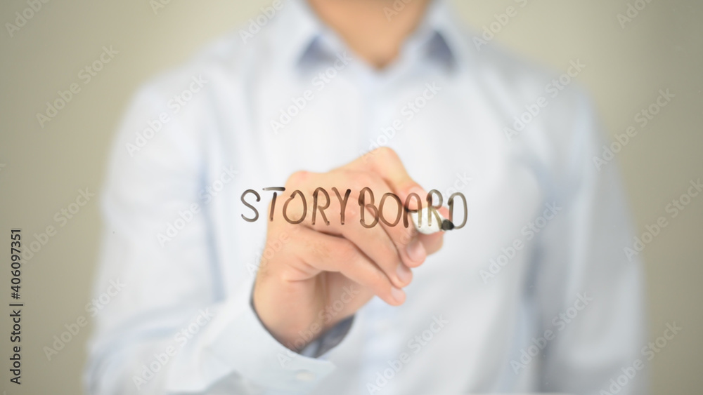 Storyboard, Man Writing on Transparent Screen Storyboard, Man Writing on Transparent Screen