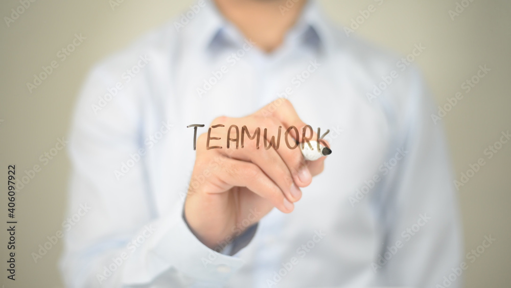 Teamwork, Man Writing on Transparent Screen