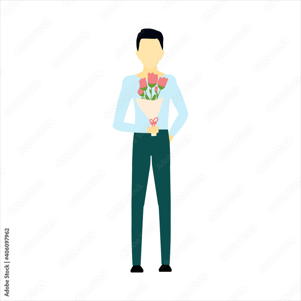 Smiling Young Man with Bouquet of Tulip Flowers Flat Vector Illustration