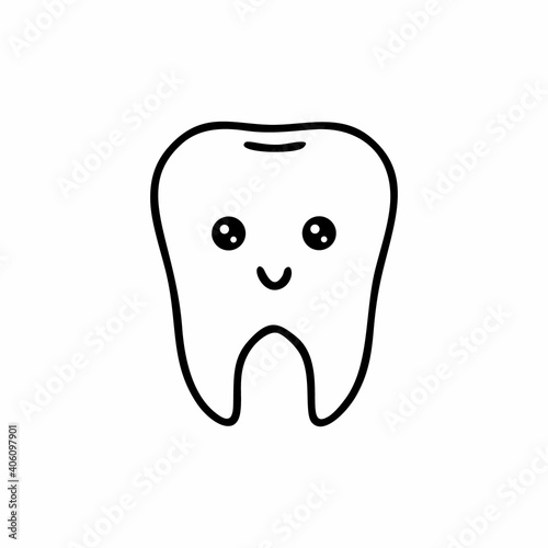 Funny tooth with a cute face. Vector illustration for children on the topic of dentistry. Health and hygiene of the oral cavity. A tooth drawn with a black line by hand.