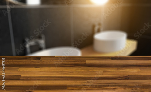 Wallpaper Mural black tiled bathroom. large window with shutters. 3D rendering.. Sunset.. Abstract blur phototography. wooden table on blurred background. Torontodigital.ca