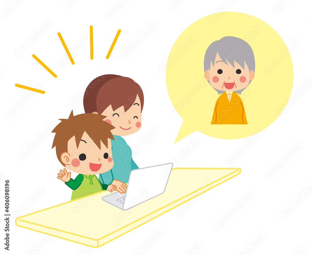 おばあちゃんにオンライン通話をかける小さい男の子とその母親のイラスト　三世代ファミリー