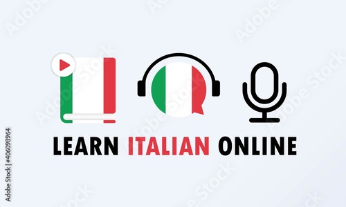 Learn Italian online banner. Video course, distance education, web seminar. Vector EPS 10. Isolated on background