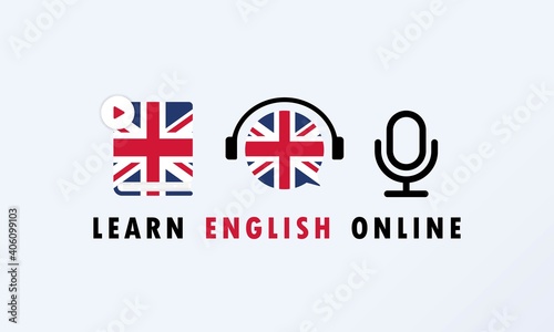 Learn English online banner. Digital course. Online education. Online language courses. Language practice. Vector EPS 10. Isolated on background