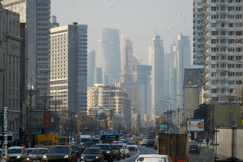 View of Moscow skyscrapers from Novy Arbat in winter