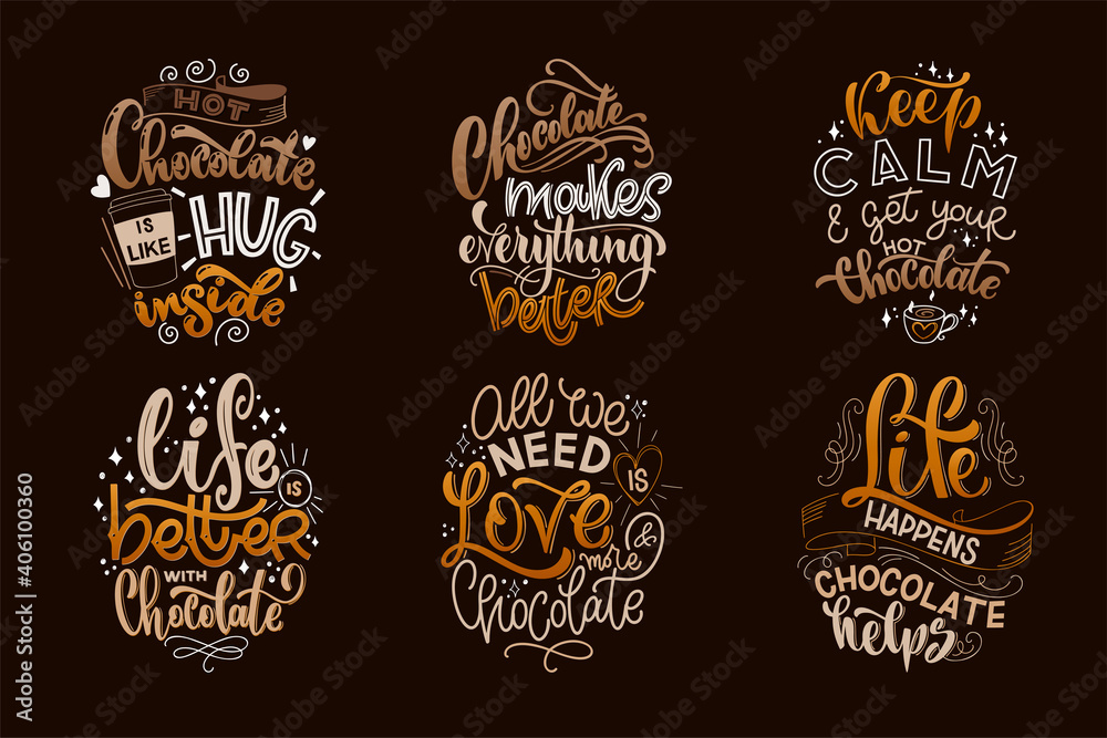 Chocolate hand lettering quotes set. Warm winter word composition. Vector design elements for t-shirts, bags, posters, cards, stickers and menu