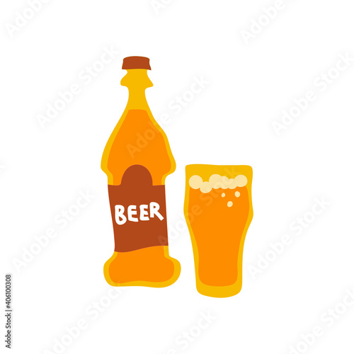 Beer bottle and wineglass on white background. Cartoon sketch graphic design. Doodle style. Hand drawn image. Party drinks concept. Freehand drawing style