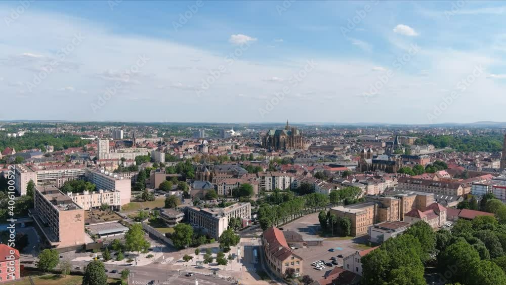 Metz, France: Aerial view of gothic Cathedral of Saint Stephen (Cathédrale Saint Étienne de Metz) in historic city center - landscape panorama of Europe from above Metz, France: Aerial view of gothic Cathedral of Saint Stephen (Cathédrale Saint Étienne de Metz) in historic city center - landscape panorama of Europe from above