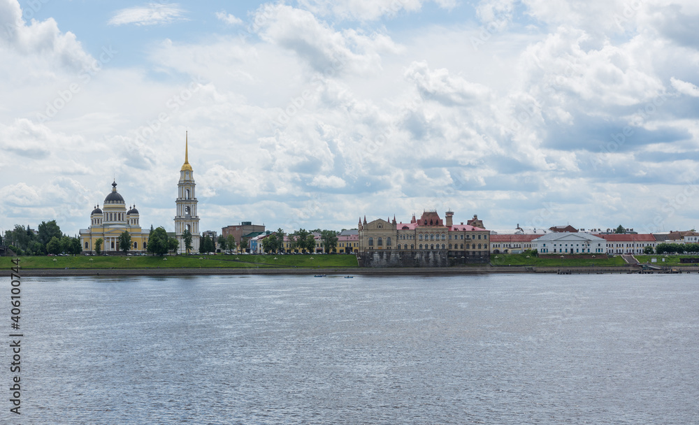 view of the Transfiguration Cathedral and the new grain exchange, photo was taken in summer in cloudy weather