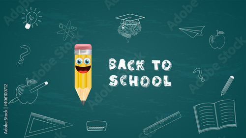 Back to School banner with texture from line art icons of education, science objects and office supplies on chalkboard background..