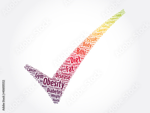 Obesity check mark word cloud collage, health concept background