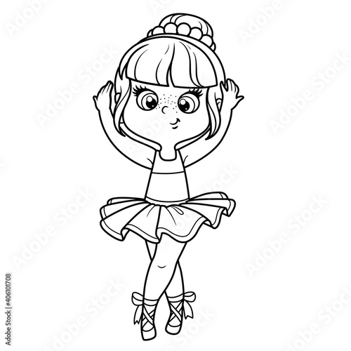 Cute cartoon little ballerina girl dance in lush tutu outlined for coloring isolated on a white background