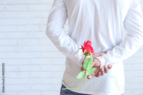  unrecognized man hand holding rose flower on white background 