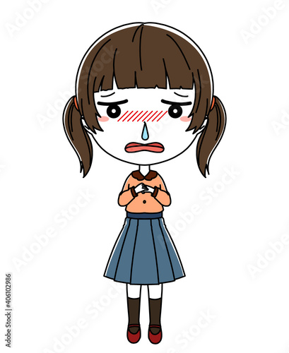 鼻水のたれている風邪を引いた女の子の全身イラスト