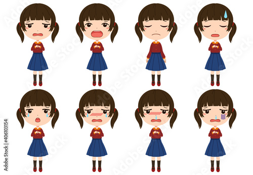落ち込んだり泣いたり風邪を引いたりしている女の子の全身イラストセット