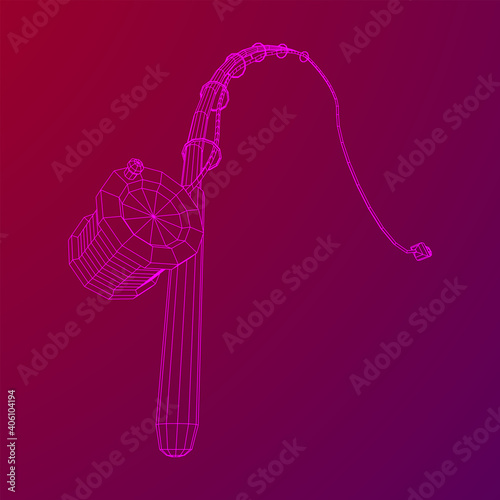 Fishing rod with line sinker and hook. Wireframe low poly mesh vector illustration.