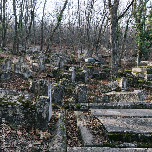 Old muslim islamic cemetery in the mountains Chufut-Kale in Crimea photo