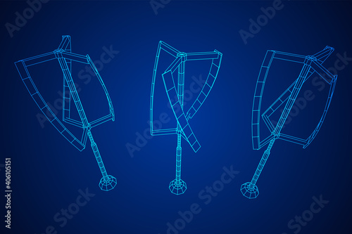 Darrieus wind turbine. Windmill generator wireframe low poly mesh. Vector illustration