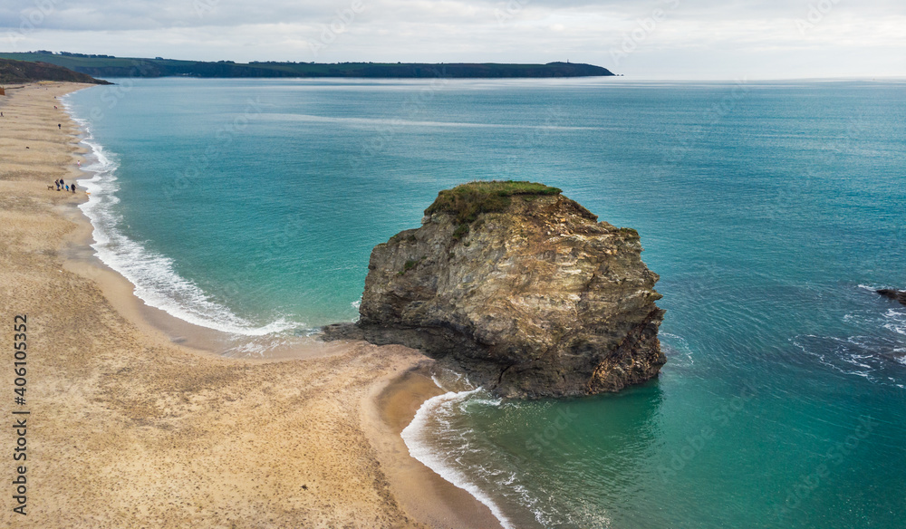 Aerial veiw of the standing rock at Caryon Bay, saint Austell, Cornwall, UK.
