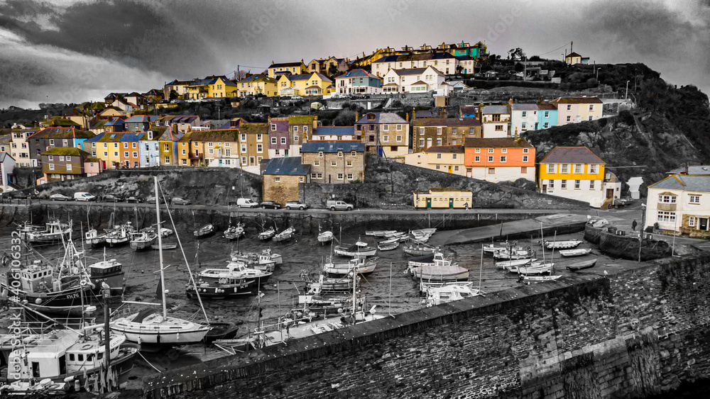 Aerial veiw over the harbour and coastal town of Mevagissey, Cornwall, UK.