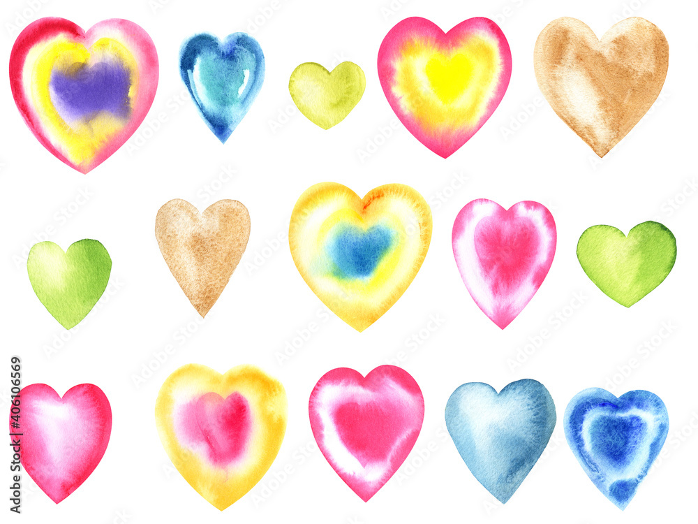 Set of hand painted watercolor hearts bright colors. Stock illustration, Valentine's day, romantic post cards, wrapping paper. Fabric wallpaper print texture.