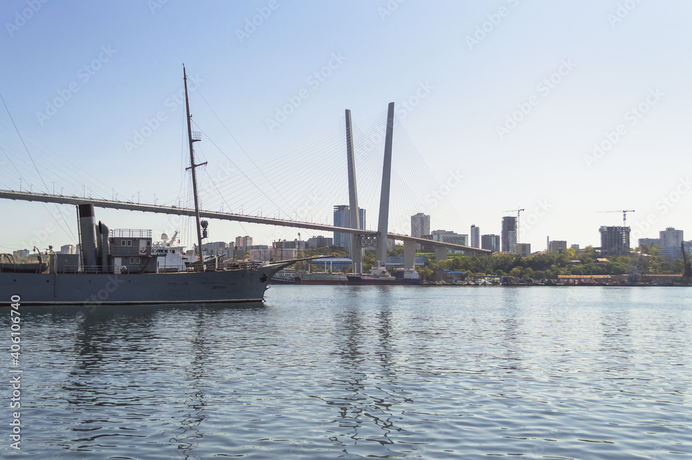 cityscape of Vladivostok with part of Golden bridge