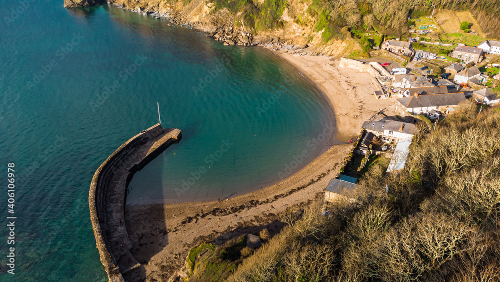 Polkerris from an aerial perspective, Cornwall, Uk.