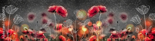 Red flowers and fireflies - black #406106958