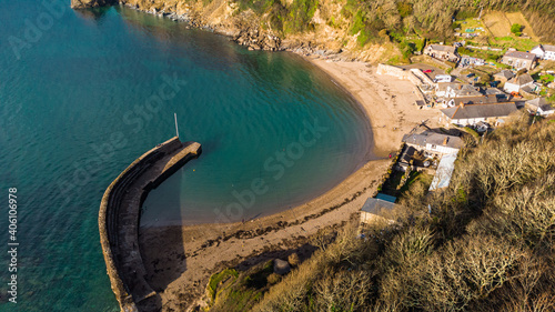 Polkerris from an aerial perspective, Cornwall, Uk. photo