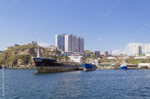 view of Egershield peninsula with moored ships