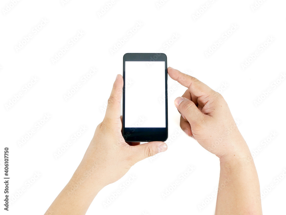 Man asian hand holding vertical the black smartphone with blank screen for text, isolated on white background. Man asian hand holding vertical the black smartphone with blank screen for text, isolated on white background.